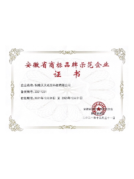 安徽省商标品牌示范企业证书