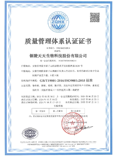 质量管理体系认证证书（中）